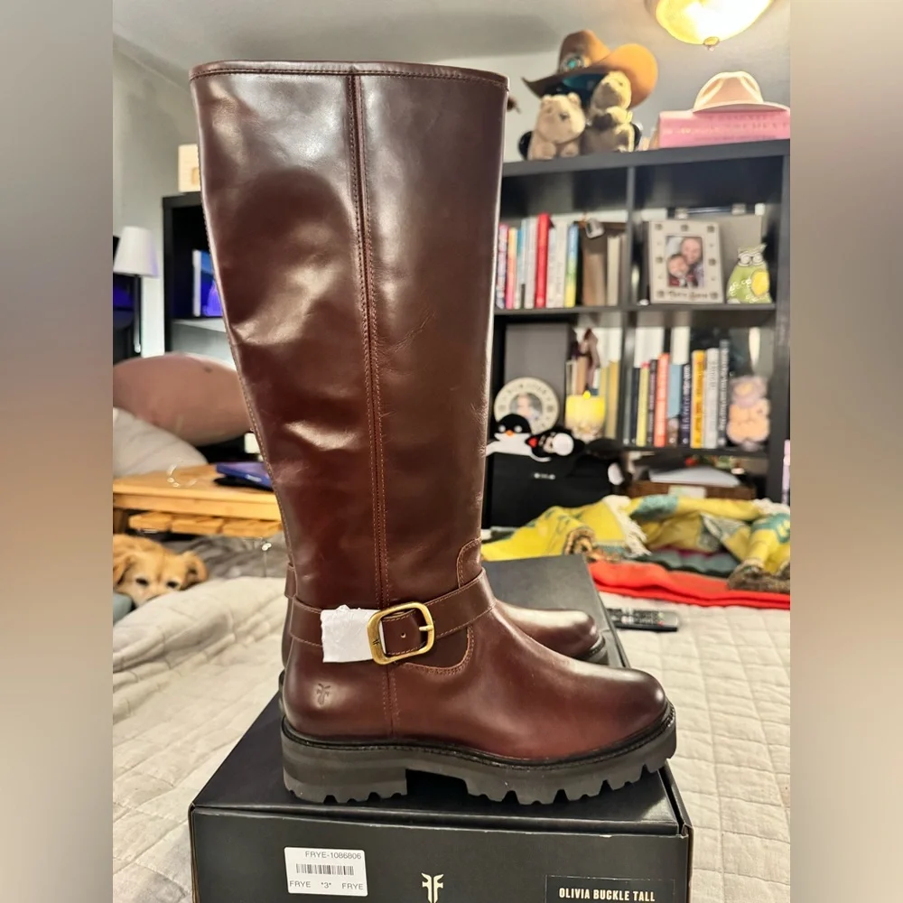 NWT in Box Frye Olivia Buckle Tall Boots - Bourbon (Deep Burgundy Brown)